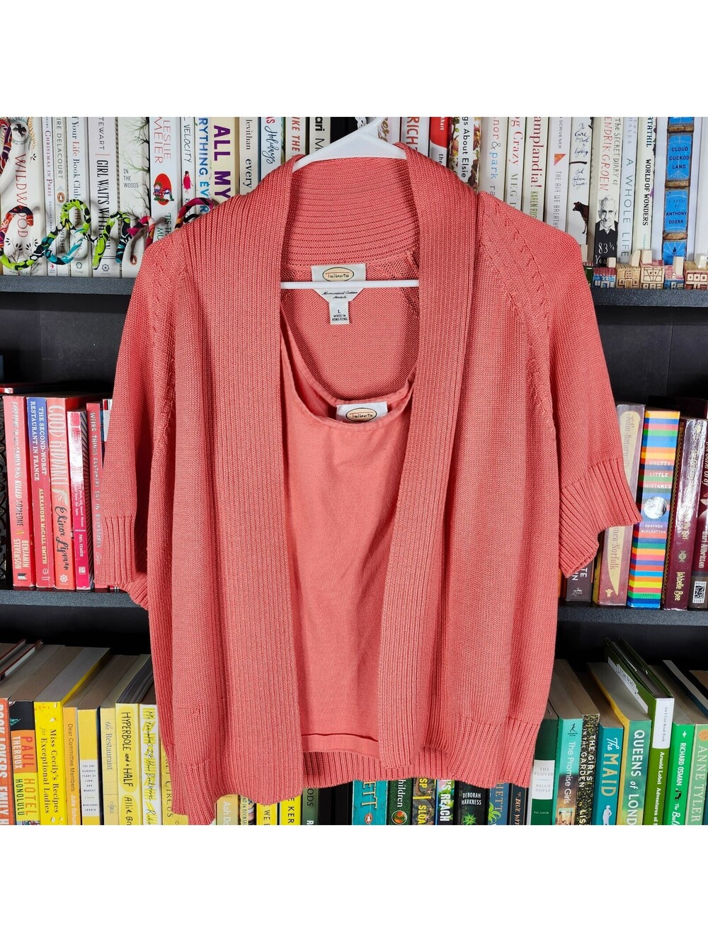 Talbots 2 Piece Sweater Set Cardigan Shell Coral Pink Mercerized Cotton L & XL